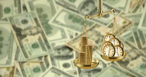 Scales balancing gold coins and a clock on a pile of dollar bills, representing time and money in collections