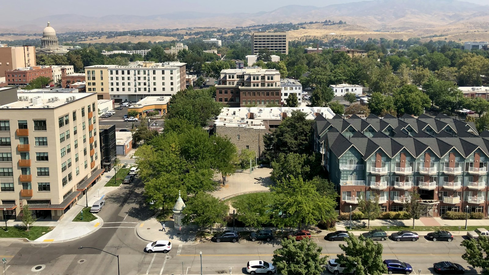 Downtown Boise, Idaho from the air looking toward the Boise Foothills, with the Idaho State Capitol dome at the upper left, home to the Idaho companies whose unpaid accounts this guide is about